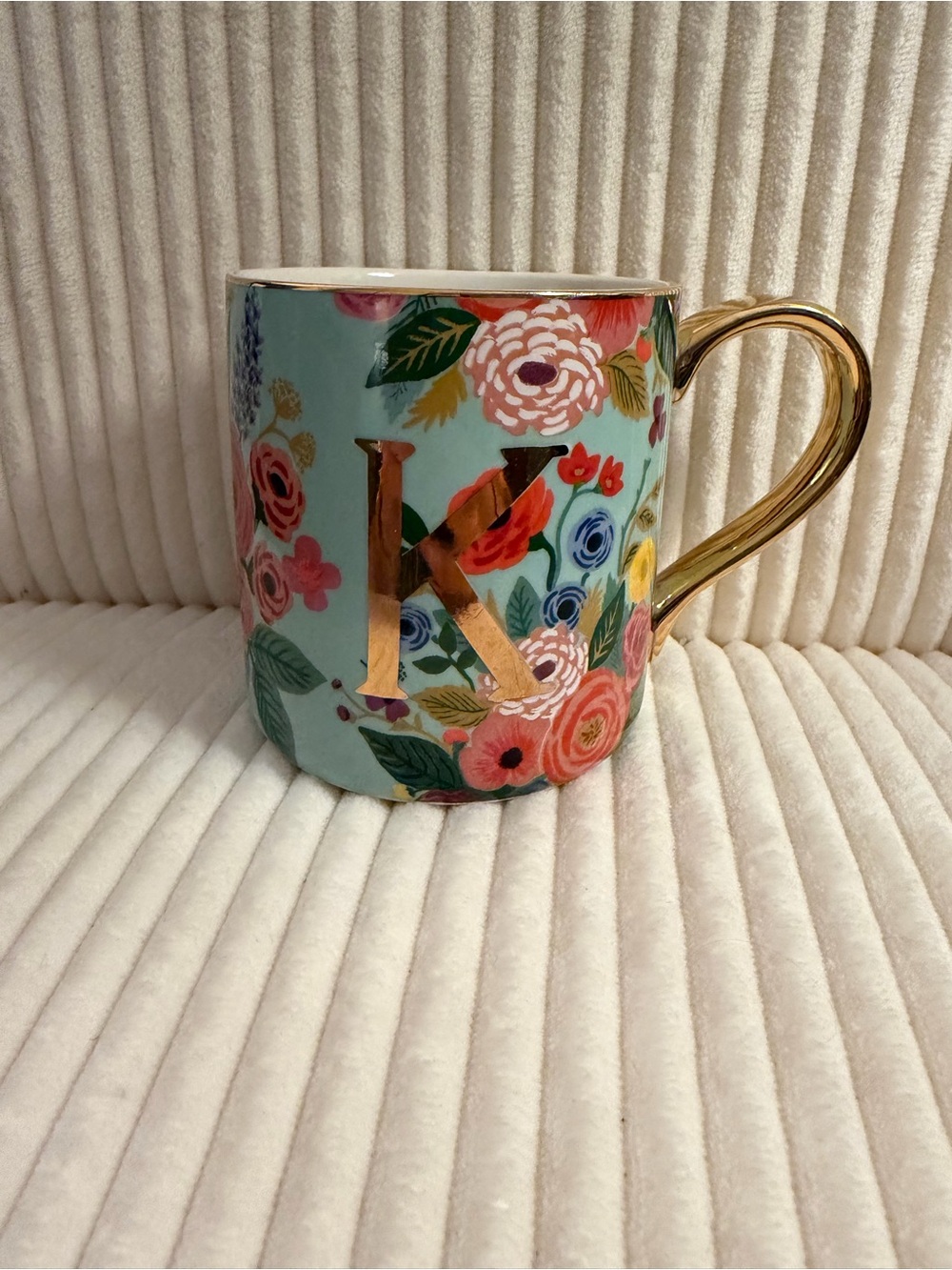 Rifle Paper Co. & Anthropologie Aqua Floral Mug with Gold 'K' and Gold Handle